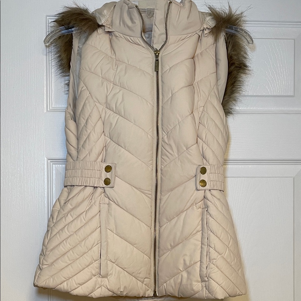 Guess Candace Puffer Vest with Removable Faux Fur Trim Hood - Cream
